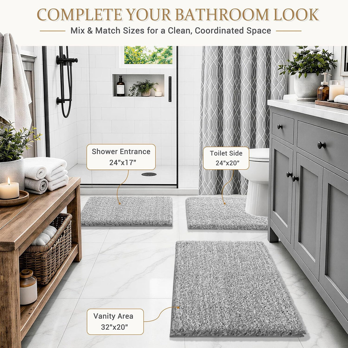 Yimobra Bathroom Rugs Non Slip Washable 32X20, Ultra Soft and Water Absorbent Bath Mats, Plush Fluffy Shower Mat Outside, Microfiber Thick Matts for Bathroom Floor/Tub, Light Gray and White