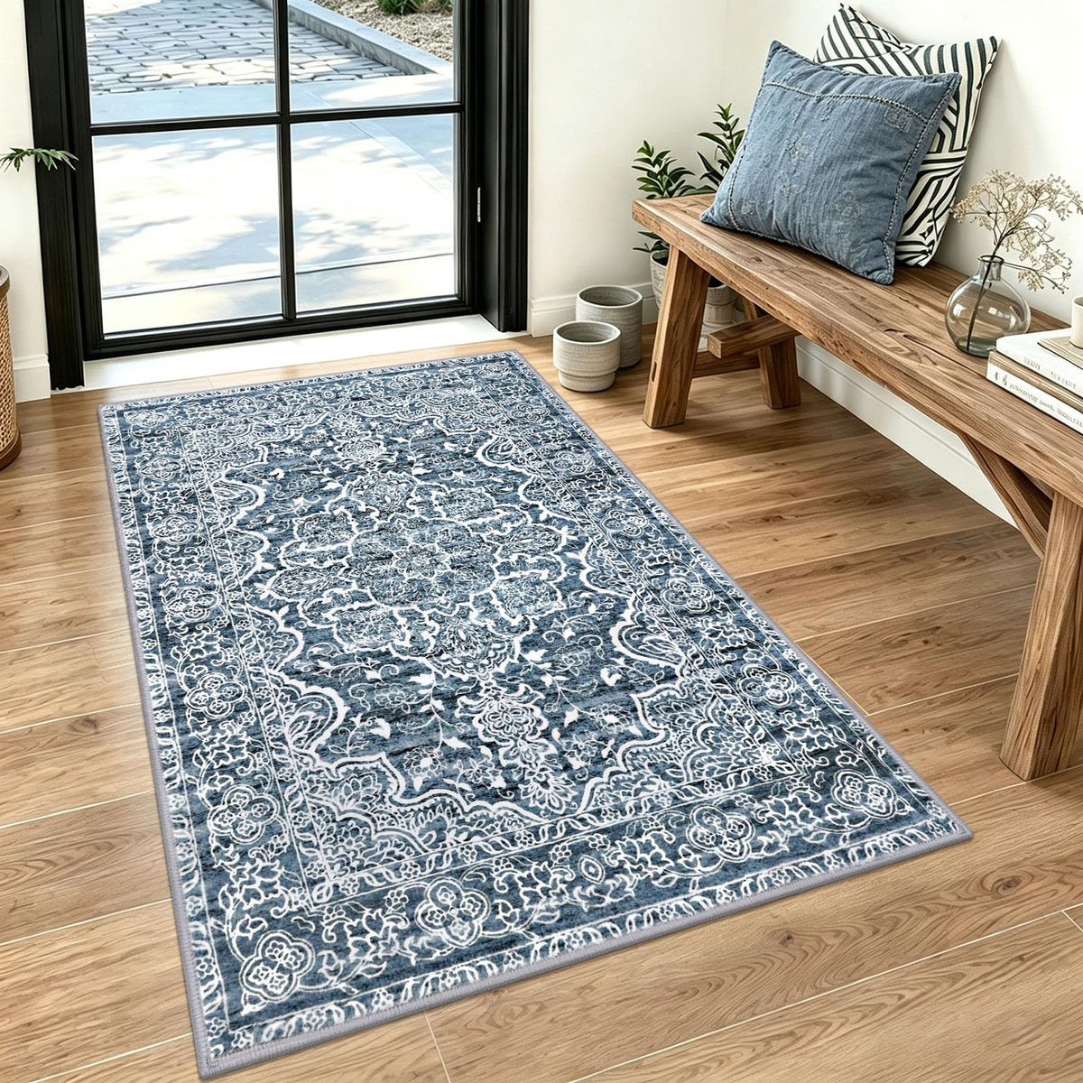 KUTA Entryway Rugs Indoor Washable Small Area Rug 2x3 Blue Entrance Carpet