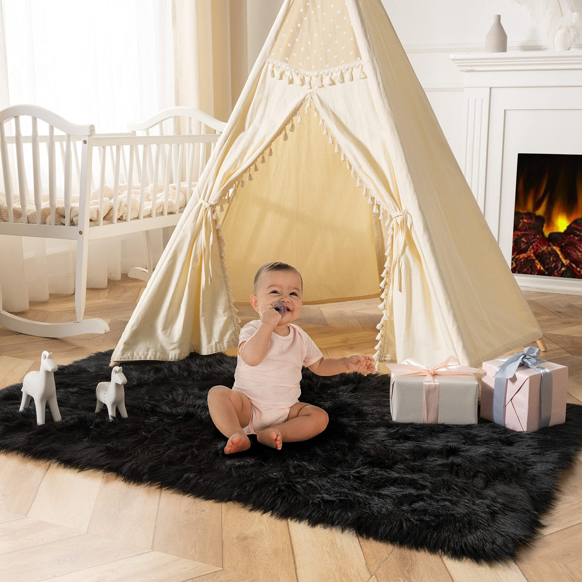 Ashler Faux Fur Rug, White, 2x3 Ft, Machine Washable