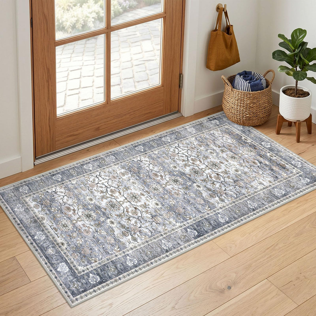 KUTA Vintage Floral Washable 2x3 Rugs for Entryway Blue Grey Beige