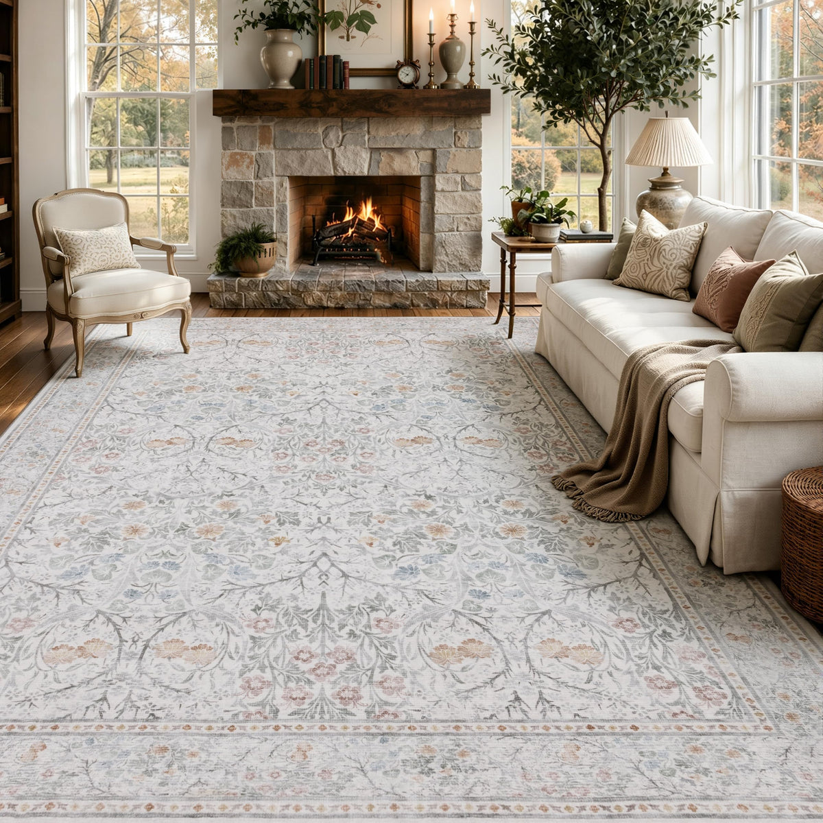JOLLYVOGUE Entryway Rug, 2x3 Washable Vintage Floral Rug, Beige