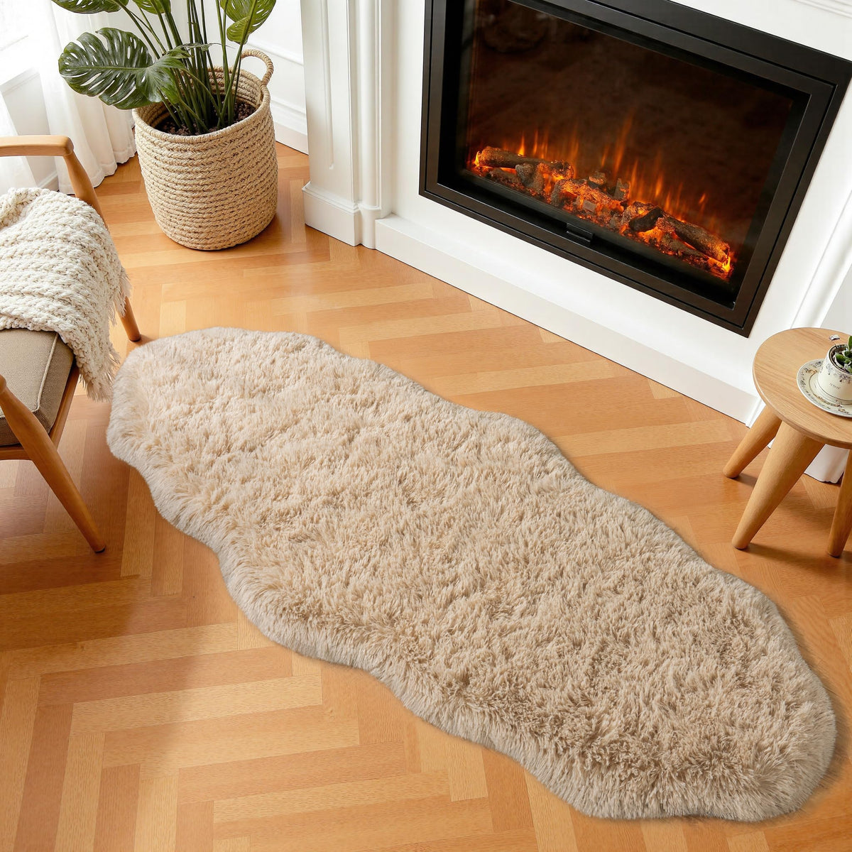 Soft Oval Beige Fluffy Rugs for Bedroom Washable Non-Slip, Set of 2
