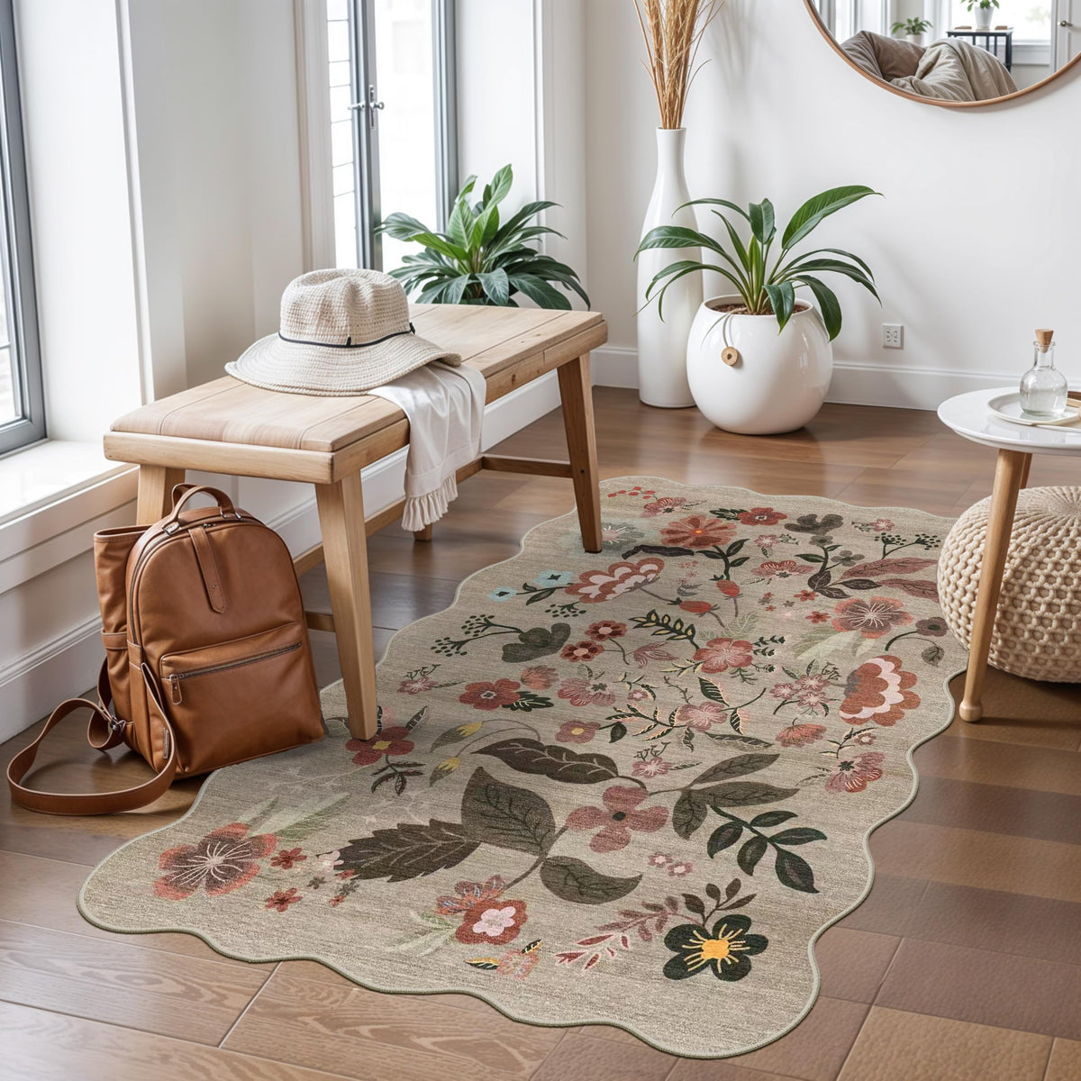 2x4 Rug Washable for Entryway - Non-Slip Scalloped Floral Throw Rug Black