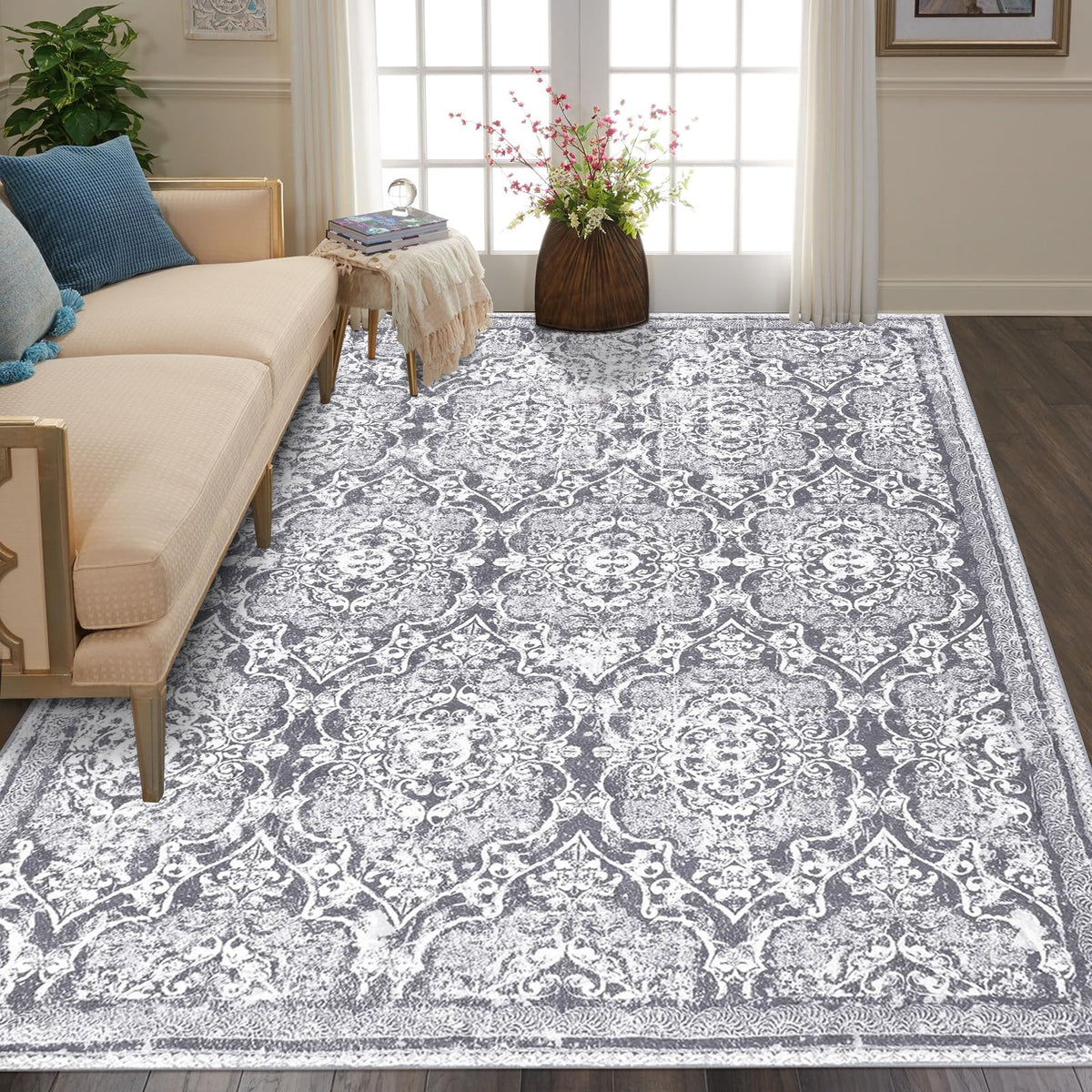 Vaukki Hallway Runner 2x6 ft, Grey Vintage Shaggy Soft Kitchen Rug