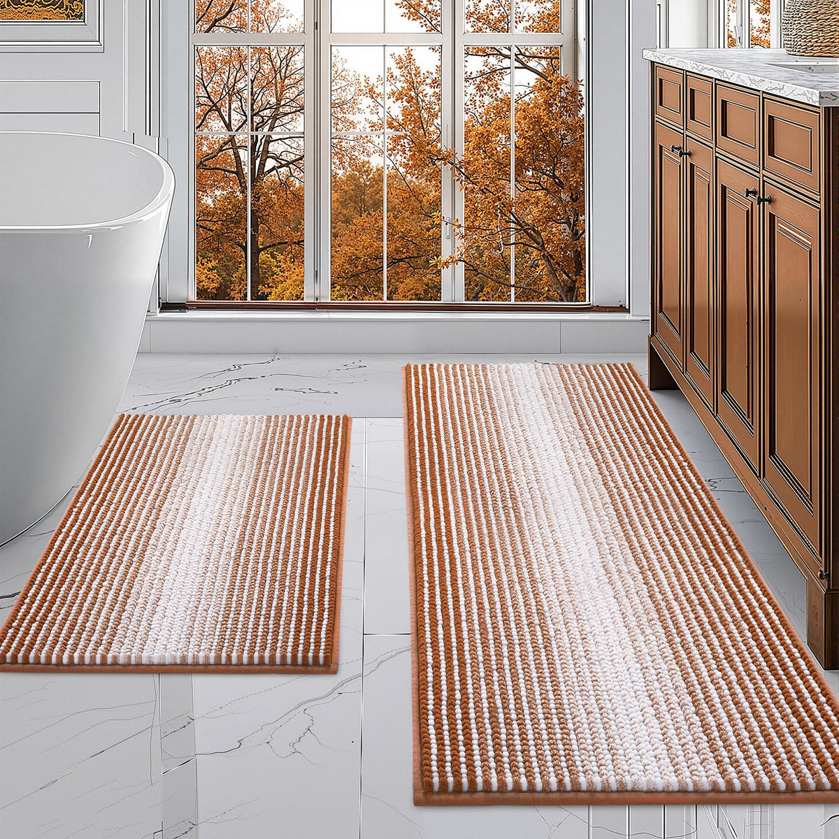 BSICPRO Bathroom Rugs Sets 2 Piece, Non Slip Boho Bath Mats, Beige