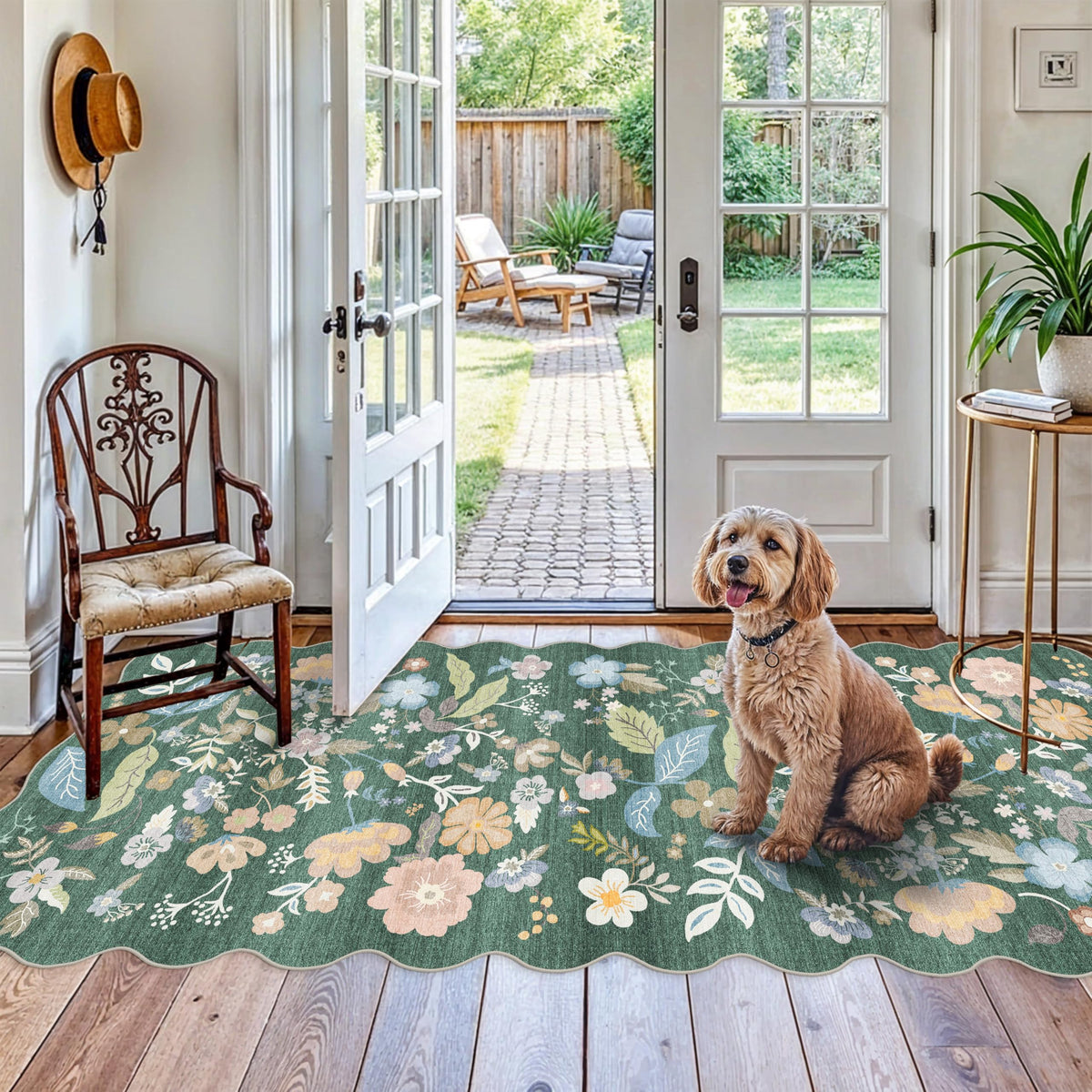 2x4 Rug Washable for Entryway - Non-Slip Scalloped Floral Throw Rug Black