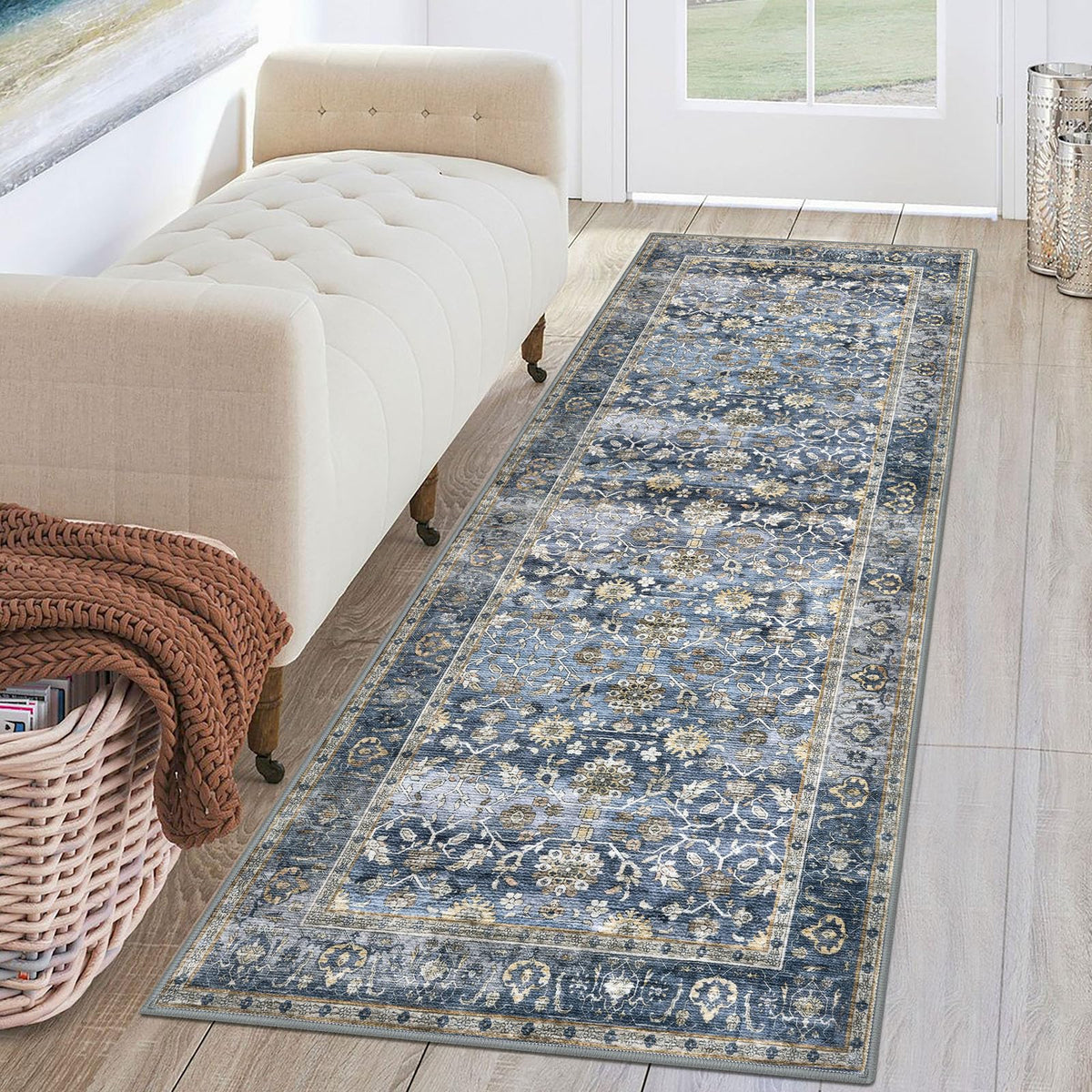 KUTA Vintage Floral Washable 2x3 Rugs for Entryway Blue Grey Beige