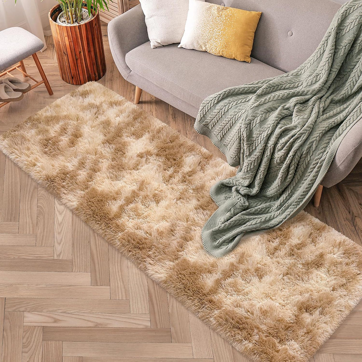 Soft Fluffy Beige Runner Rug for Bedroom, Bedside Long Rug Runner