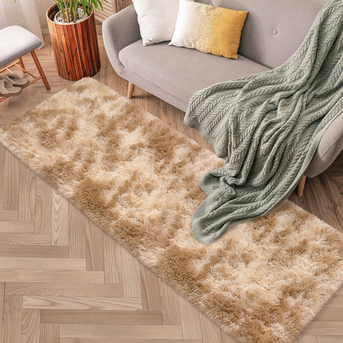 Soft Fluffy Beige Runner Rug for Bedroom, Bedside Long Rug Runner