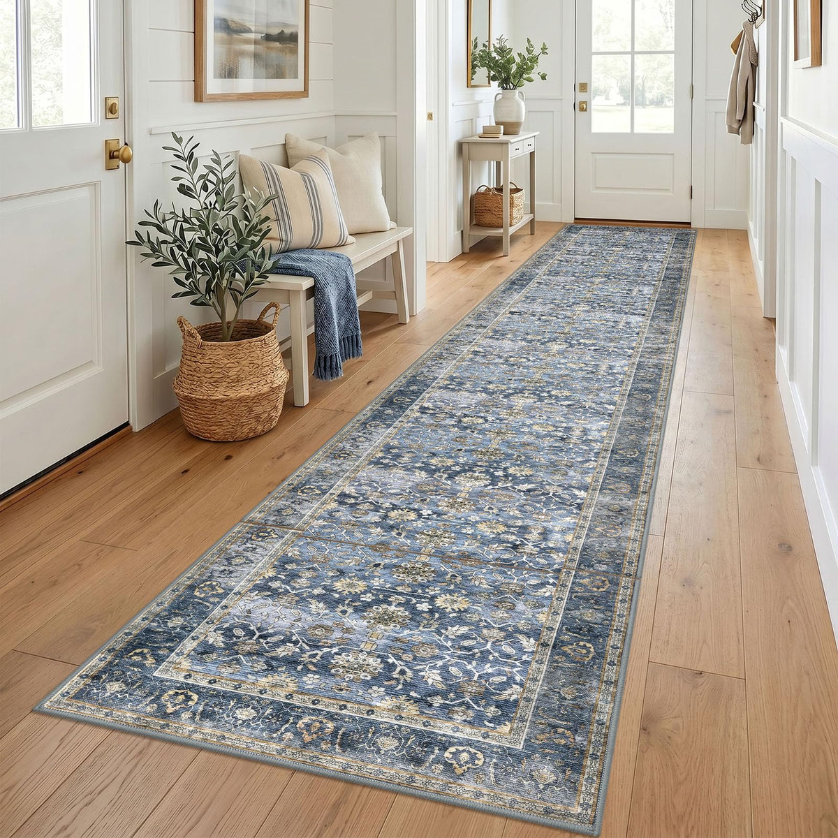 KUTA Vintage Floral Washable 2x3 Rugs for Entryway Blue Grey Beige