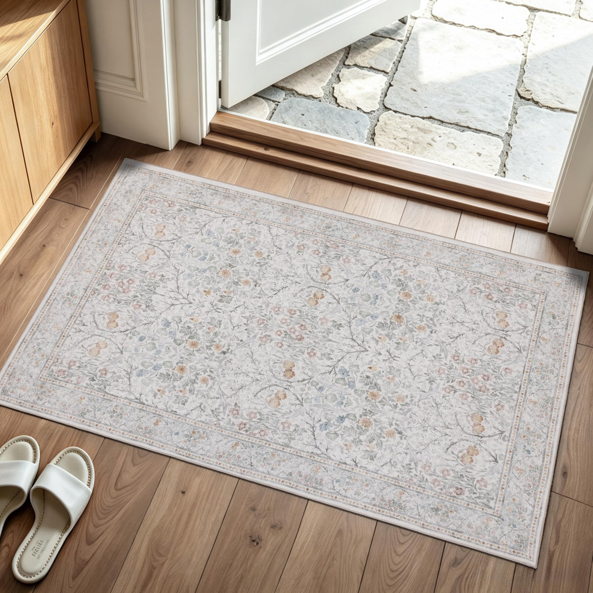 JOLLYVOGUE Entryway Rug, 2x3 Washable Vintage Floral Rug, Beige