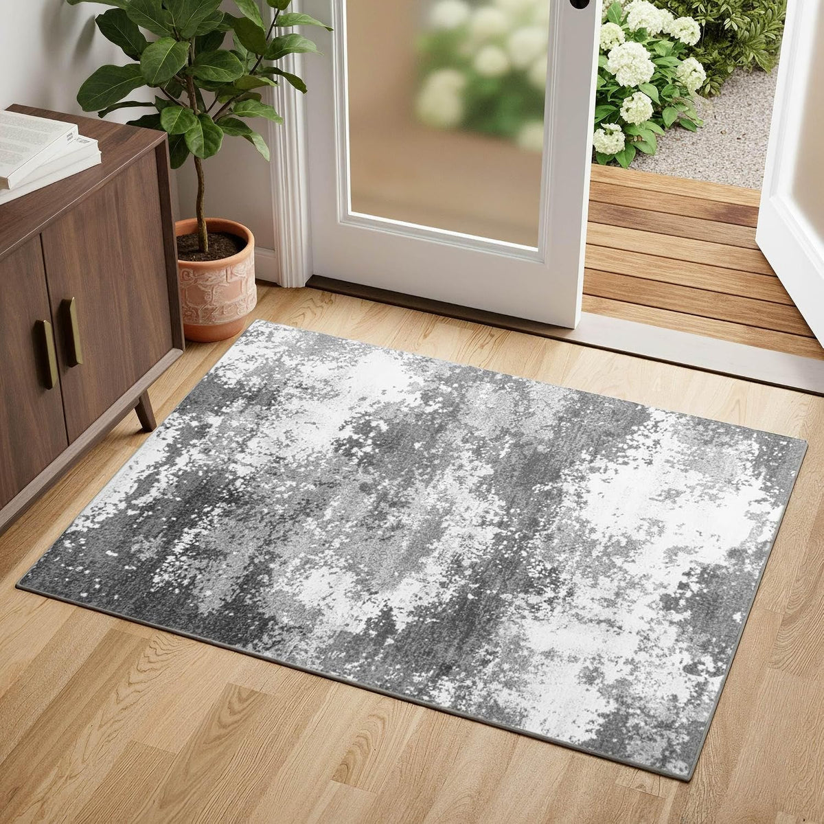 Entryway Rug 2x3 Grey Door Mat Indoor Entrance 24x36, Washable Small Throw Rugs for Kitchen Floor, Entry, Front Door, Bedroom Bedside, Non-Slip Low Pile Stain & Fade Resistant, Abstract Gray