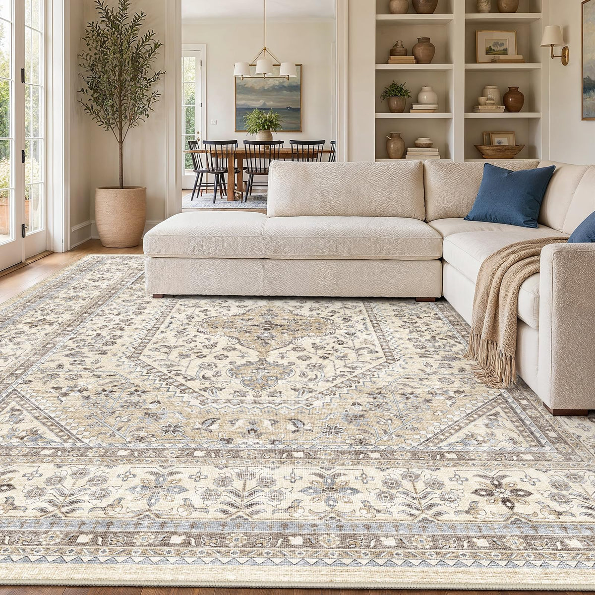 2x3 Washable Entryway Area Rug - Non-Slip Boho Throw Rugs Beige Gray