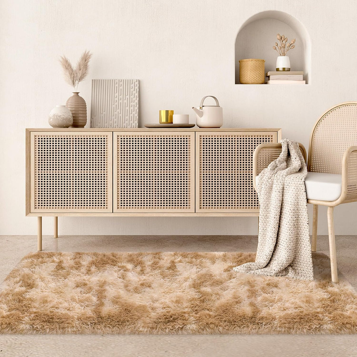 Soft Fluffy Beige Runner Rug for Bedroom, Bedside Long Rug Runner