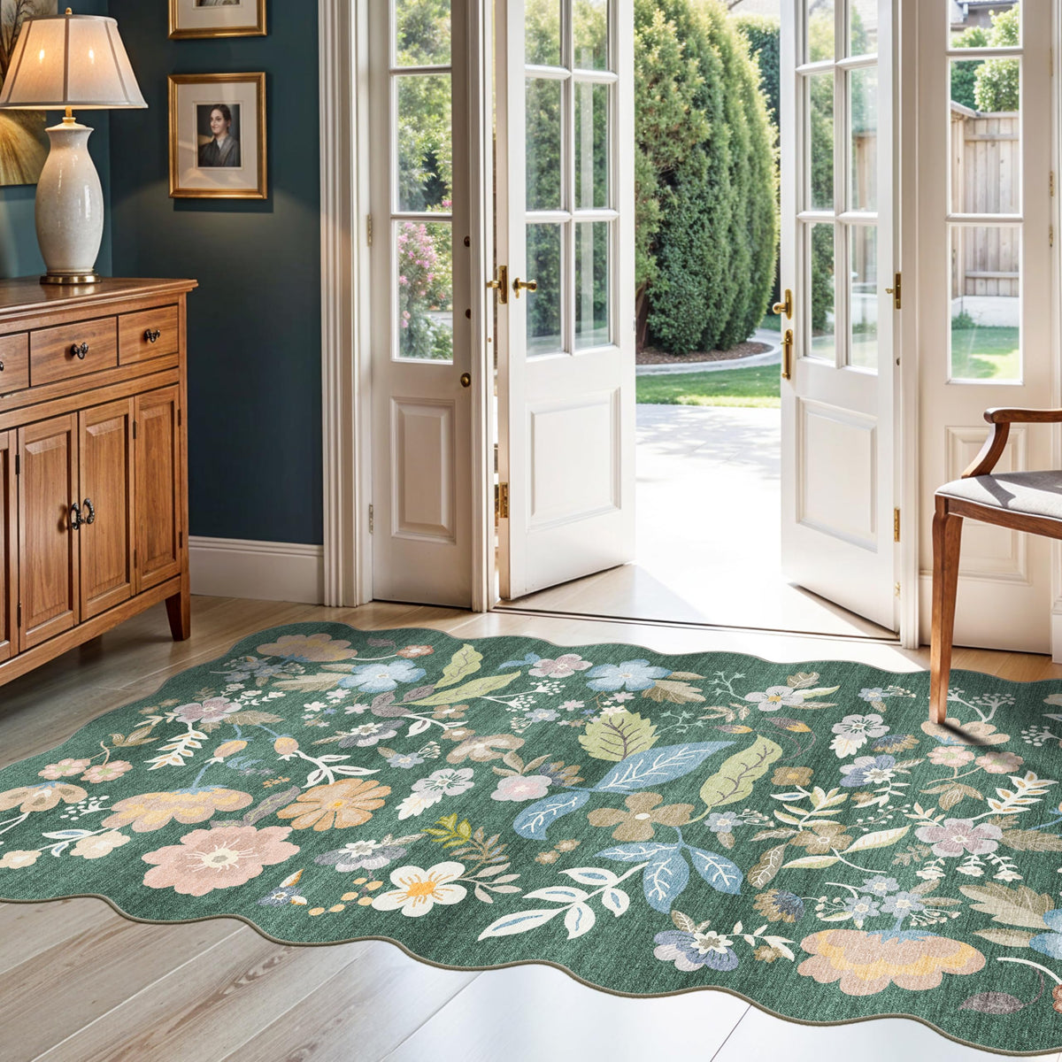 2x4 Rug Washable for Entryway - Non-Slip Scalloped Floral Throw Rug Black