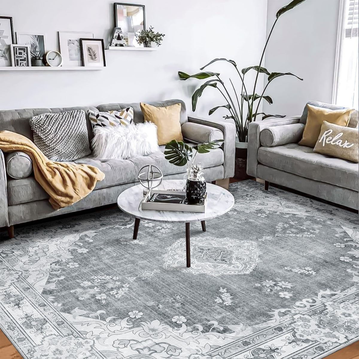 MUJOO Pink Rug 3x5 Washable,Boho Area Rugs Small Non Slip Low-Pile Floral