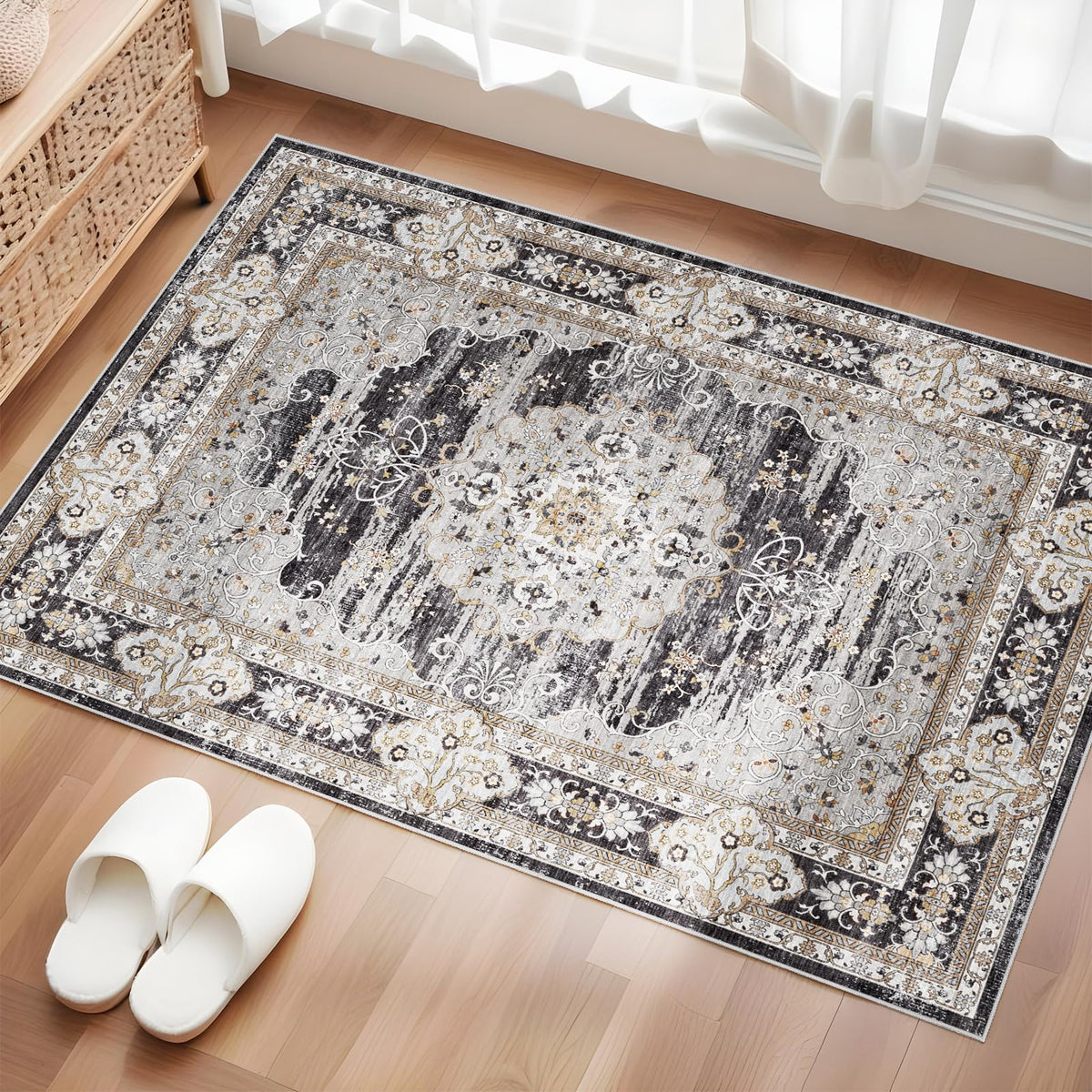 2x3 Washable Entryway Area Rug - Non-Slip Boho Throw Rugs Beige Gray
