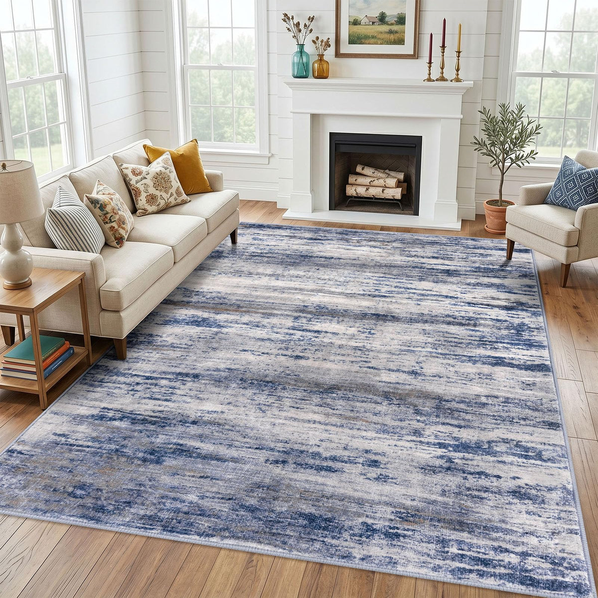 KOZYFLY Abstract Rugs for Entryway 2x3 Washable Small Area Rug Grey-Blue