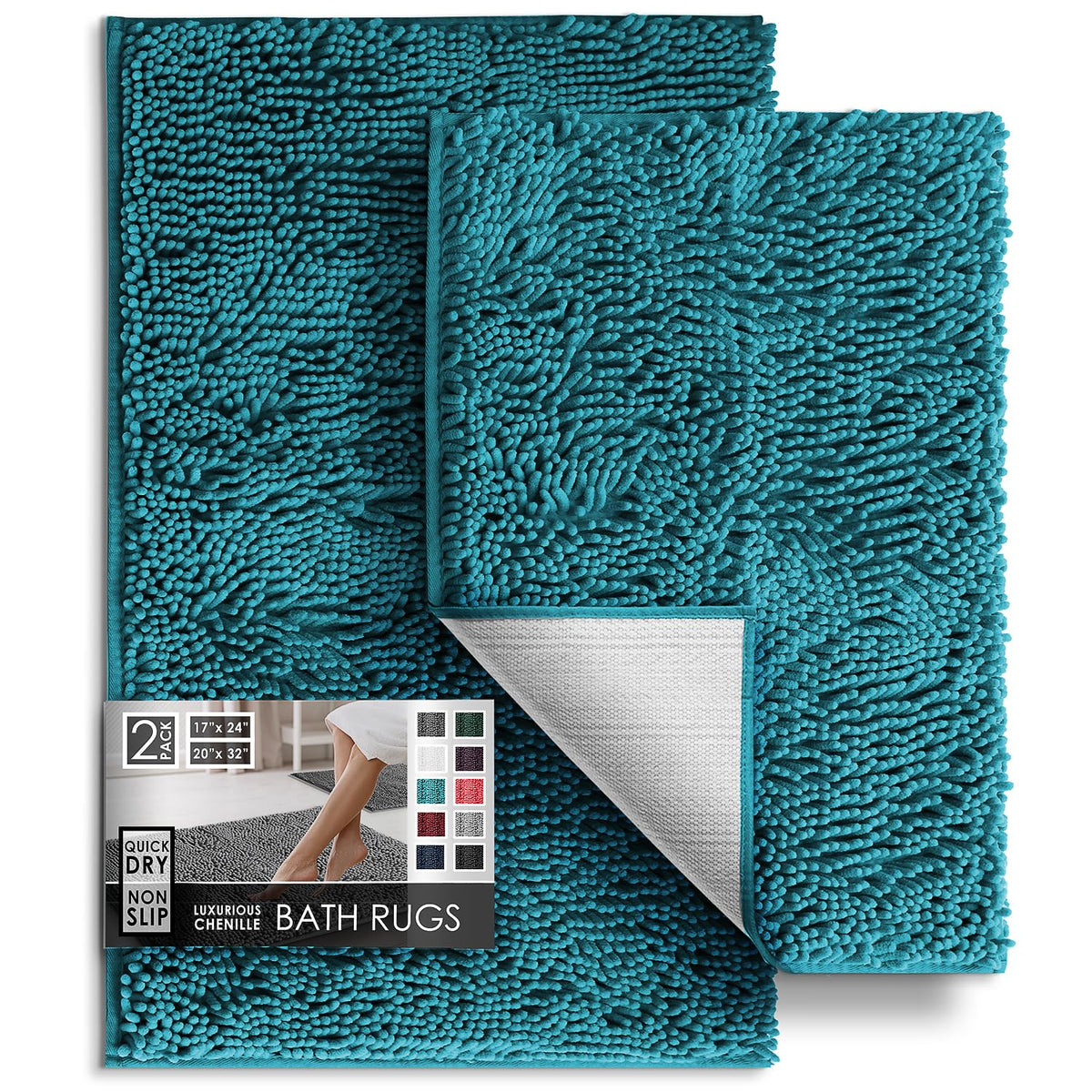 Hearth & Harbor Bathroom Rugs, Chenille Bath Mat - Machine Washable Bath Mats for Bathroom Non-Slip Backing Rubber, Quick Dry Bathroom Mat, 17 x 24 + 20 x 32 - Hunter Green