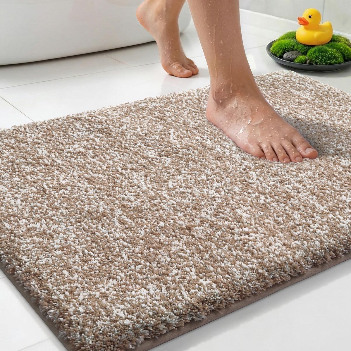Yimobra Non Slip Machine Washable Bathroom Rug 24x17 Light Beige and White