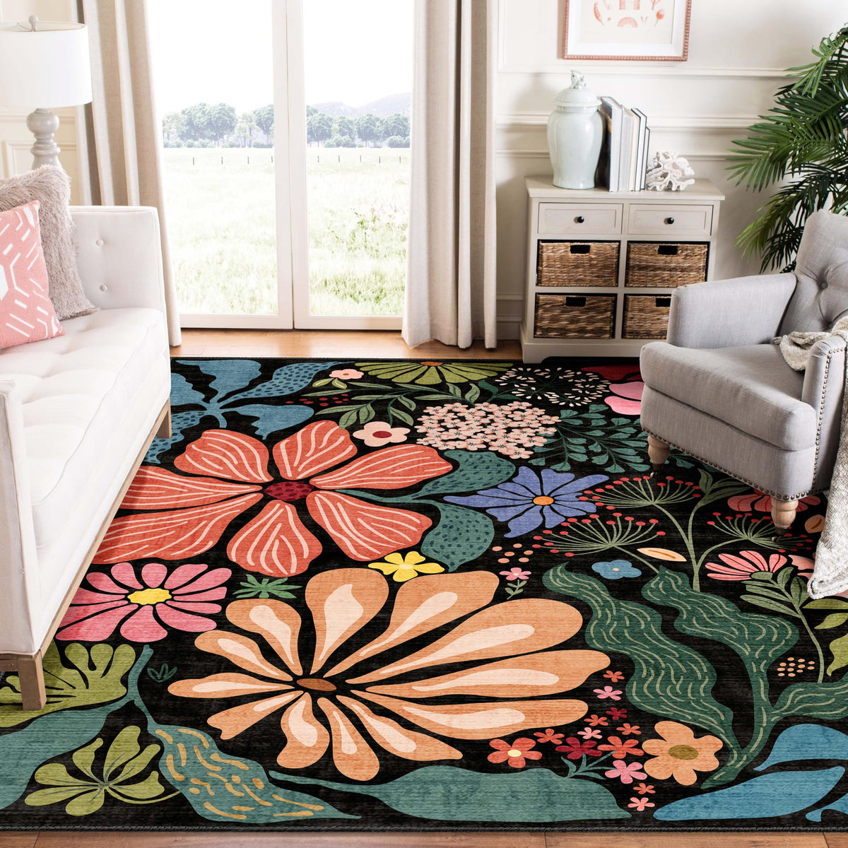 MUJOO Pink Washable 2x6 Runner Rugs Floral Area Rugs Non Slip Low-Pile