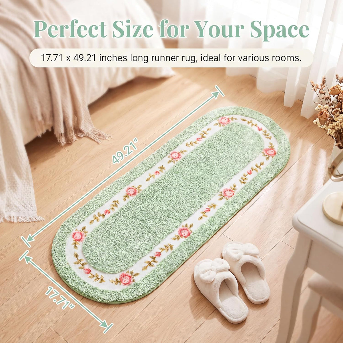 Stay Young Green Rose Area Rugs for Bathroom Bedroom 17.71 x 49.21 Inch