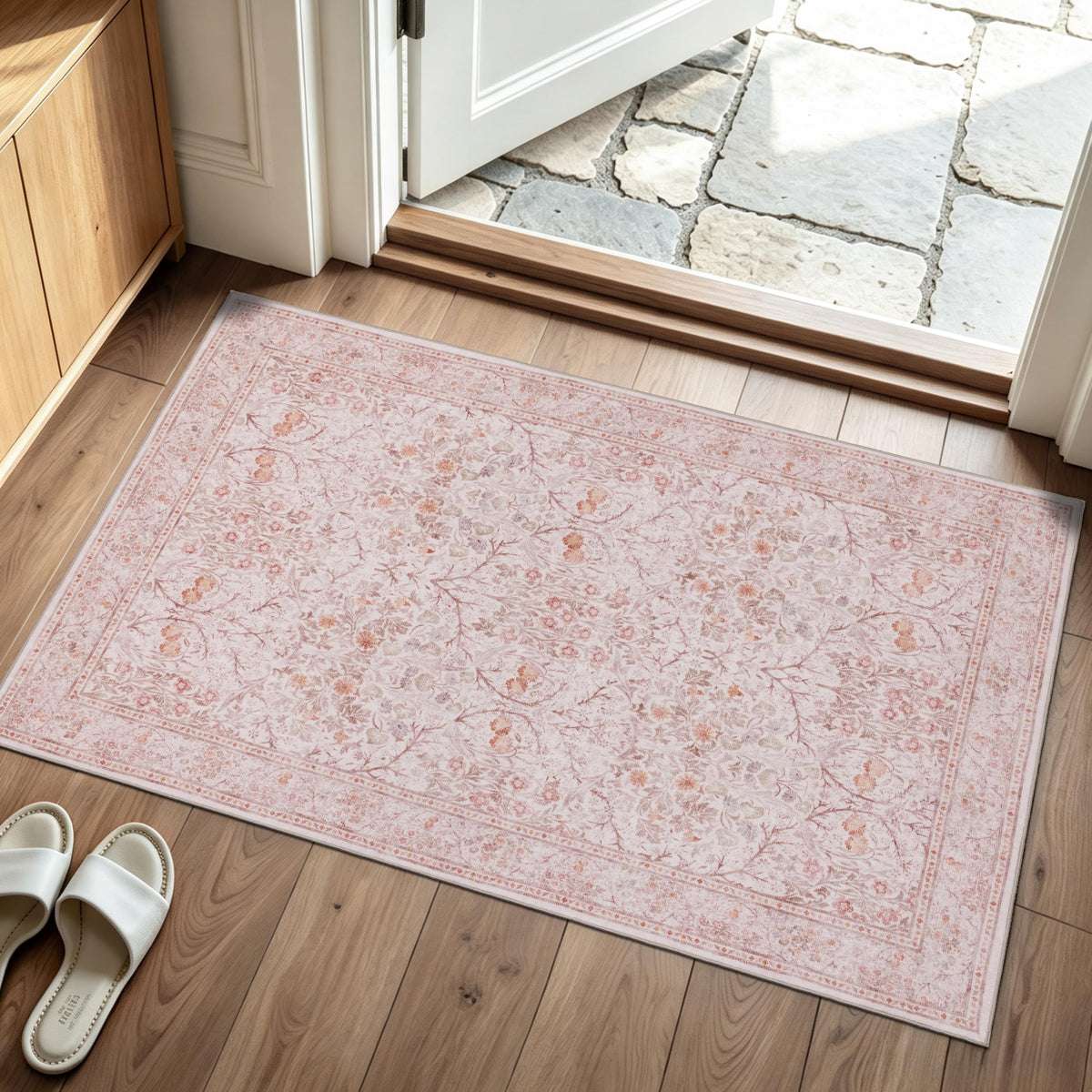 JOLLYVOGUE Entryway Rug, 2x3 Washable Vintage Floral Rug, Beige