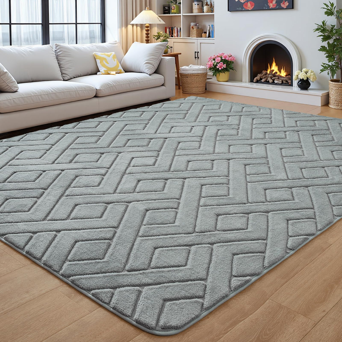 Grey Fluffy Area Rug for Bedroom, 3x5 Geometric Shag Rugs