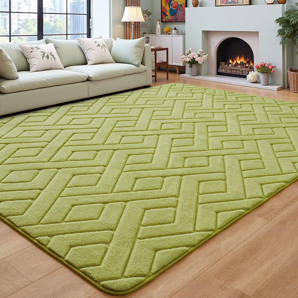 Grey Fluffy Area Rug for Bedroom, 3x5 Geometric Shag Rugs