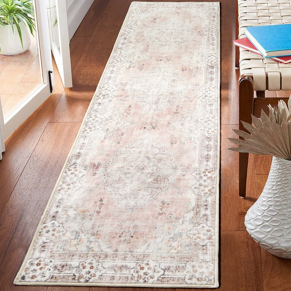 MUJOO Pink Rug 3x5 Washable,Boho Area Rugs Small Non Slip Low-Pile Floral