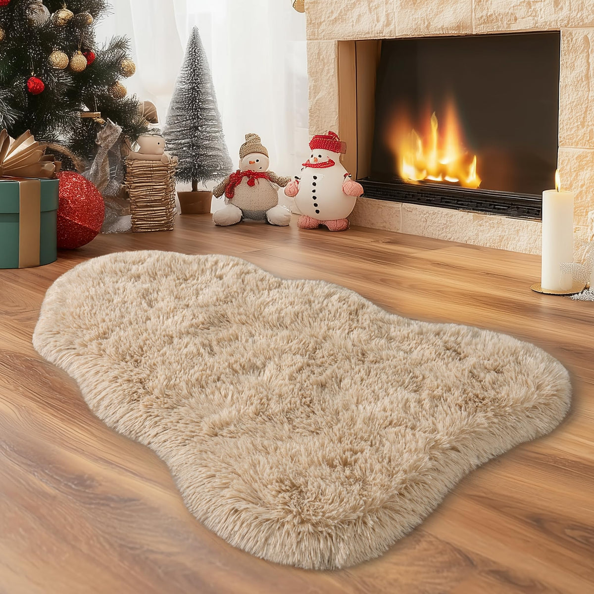 Soft Oval Beige Fluffy Rugs for Bedroom Washable Non-Slip, Set of 2