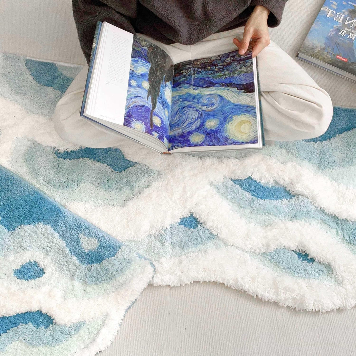 Soft Shag 3D Stereo Wave Moss Bedside Rug 20"×36" Cute Navy Blue Runner Rug Non Slip Washable Bathroom Rugs Bath Mats for Bedroom Bathroom Hallway Home Decor Indoor Doormat Shower Mat