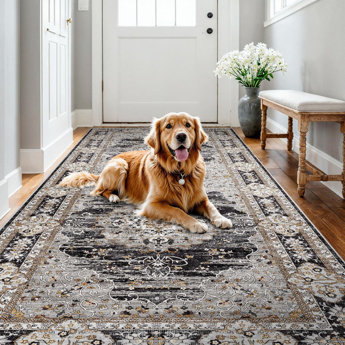 2x3 Washable Entryway Area Rug - Non-Slip Boho Throw Rugs Beige Gray