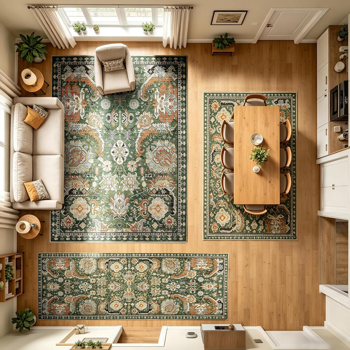 RUGSURE Washable Area Rugs - Perfect for Living Room, Bedroom, Kids Room, Nursery - Stain & Water Resistant Non-Slip, Pet & Child Friendly, Vintage Tribal Area Rugs (Green, 3' x 5 ')
