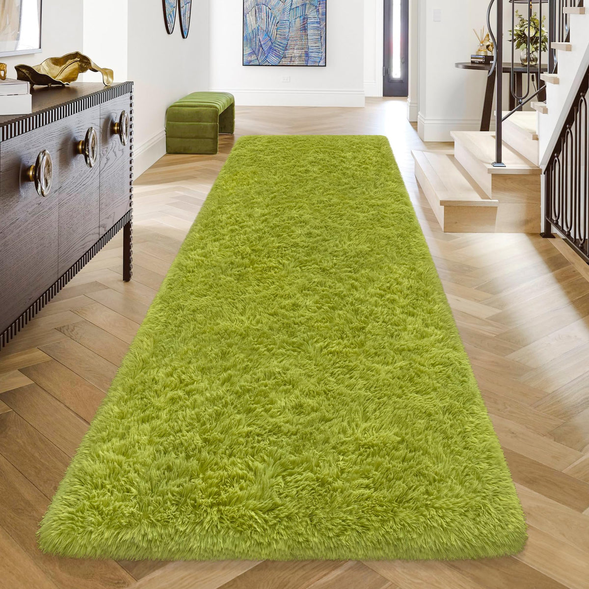 Soft Fluffy Beige Runner Rug for Bedroom, Bedside Long Rug Runner