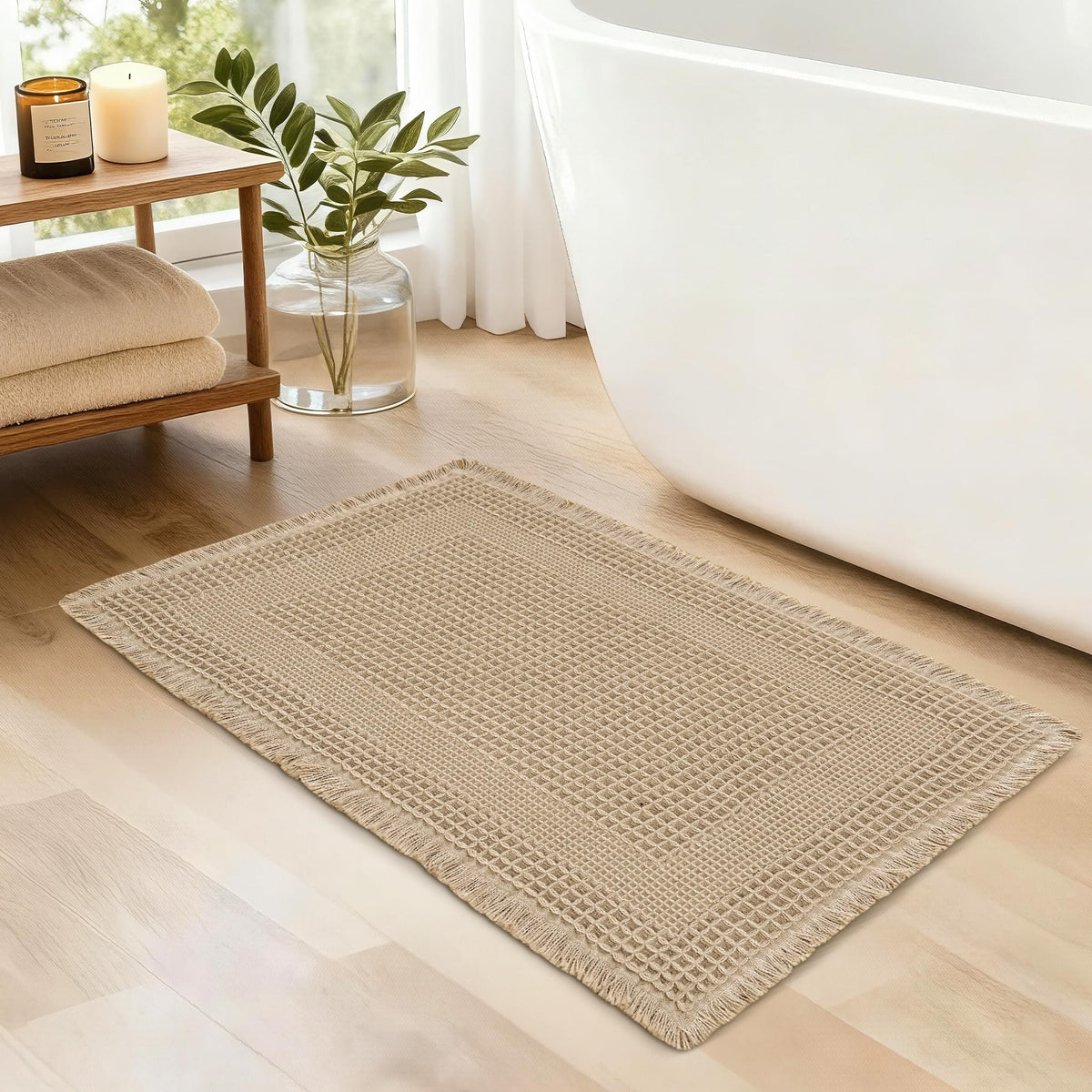 JIUZHEN Set of 2 Waffle Bath Mats Boho Bath Rugs 16"x24"+20"x32", Brown