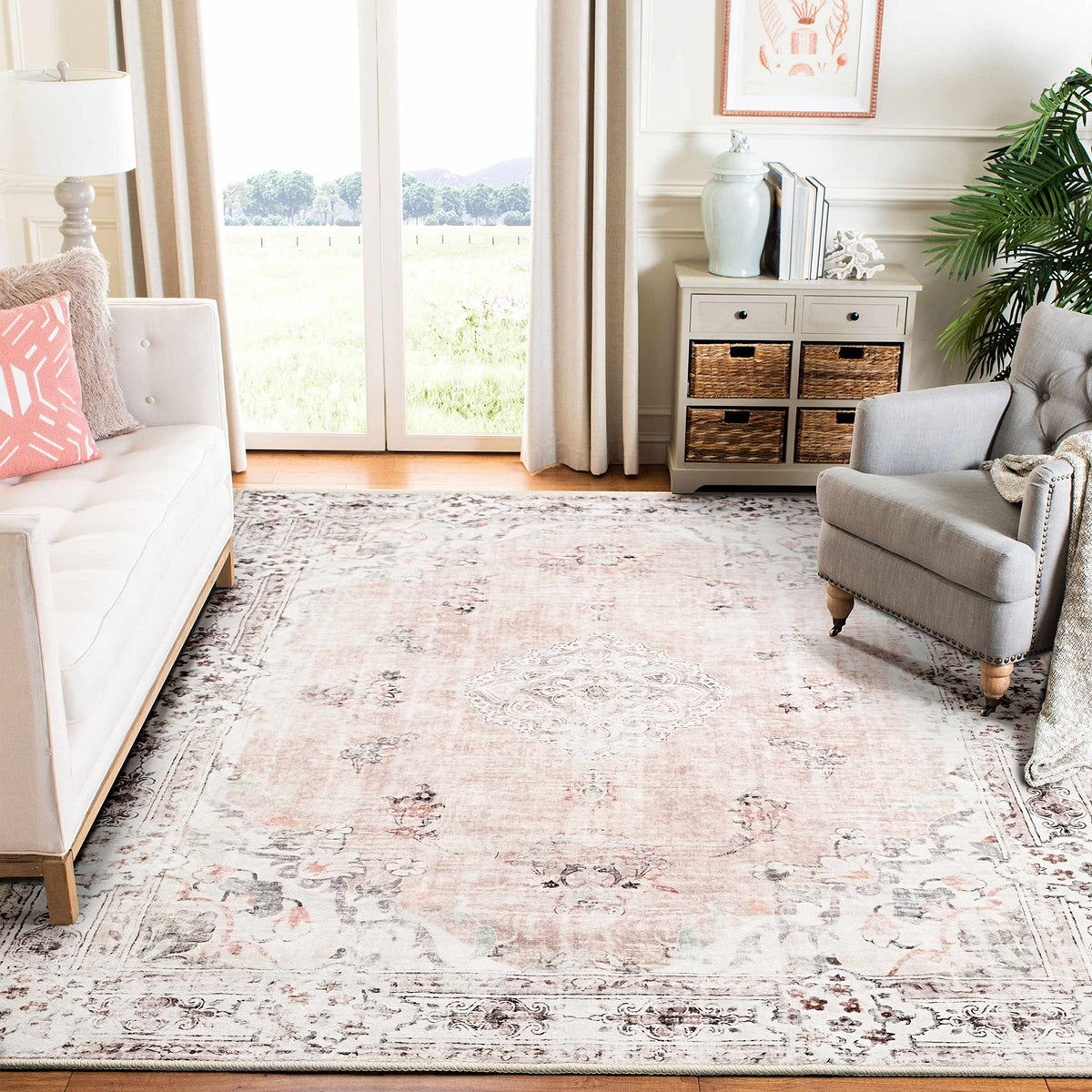 MUJOO Pink Rug 3x5 Washable,Boho Area Rugs Small Non Slip Low-Pile Floral