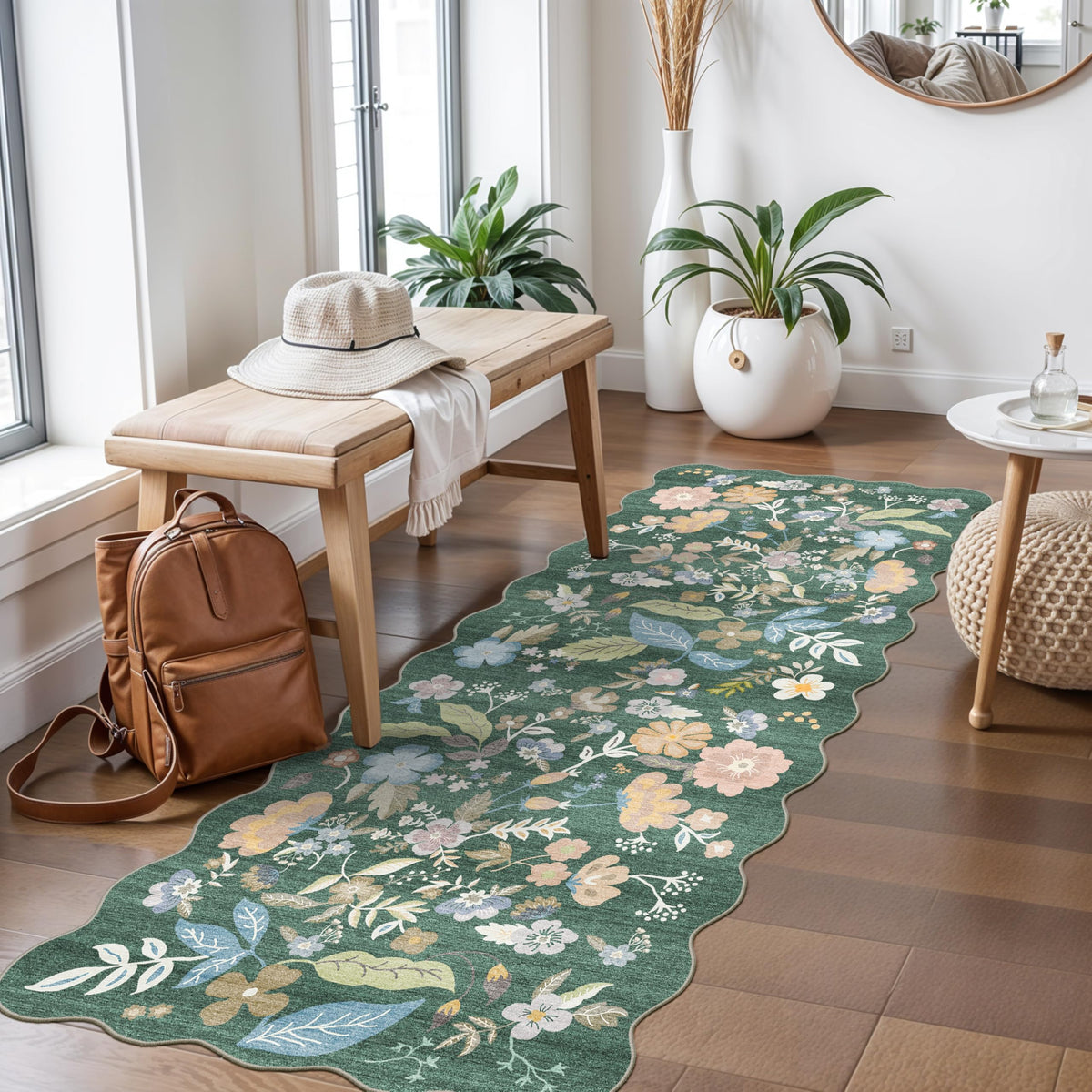 2x4 Rug Washable for Entryway - Non-Slip Scalloped Floral Throw Rug Black
