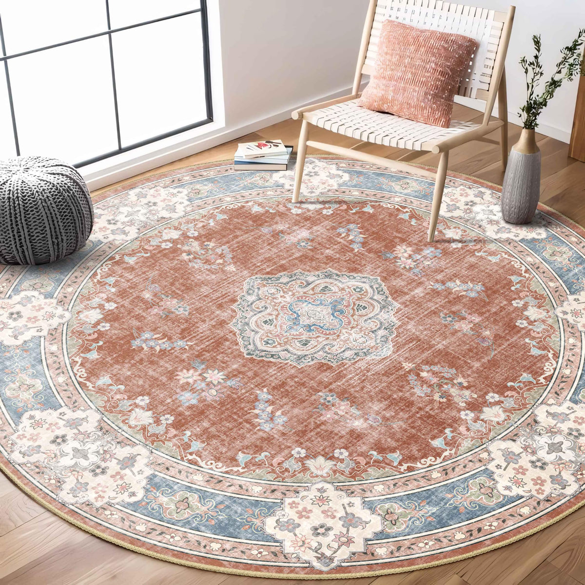 MUJOO Pink Rug 3x5 Washable,Boho Area Rugs Small Non Slip Low-Pile Floral