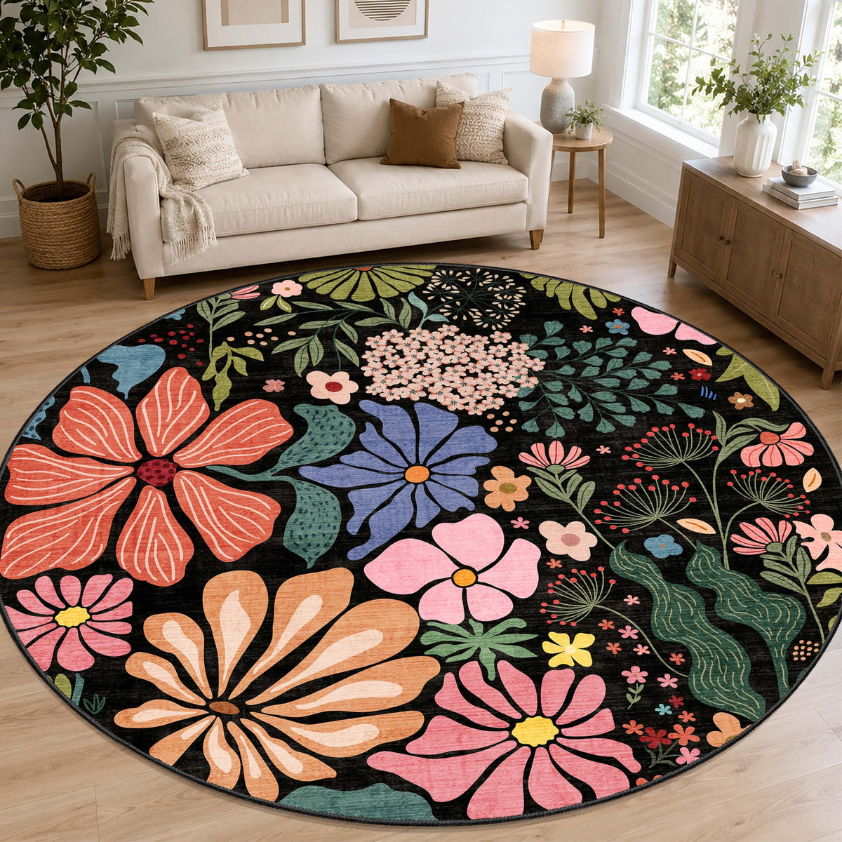 MUJOO Pink Washable 2x6 Runner Rugs Floral Area Rugs Non Slip Low-Pile