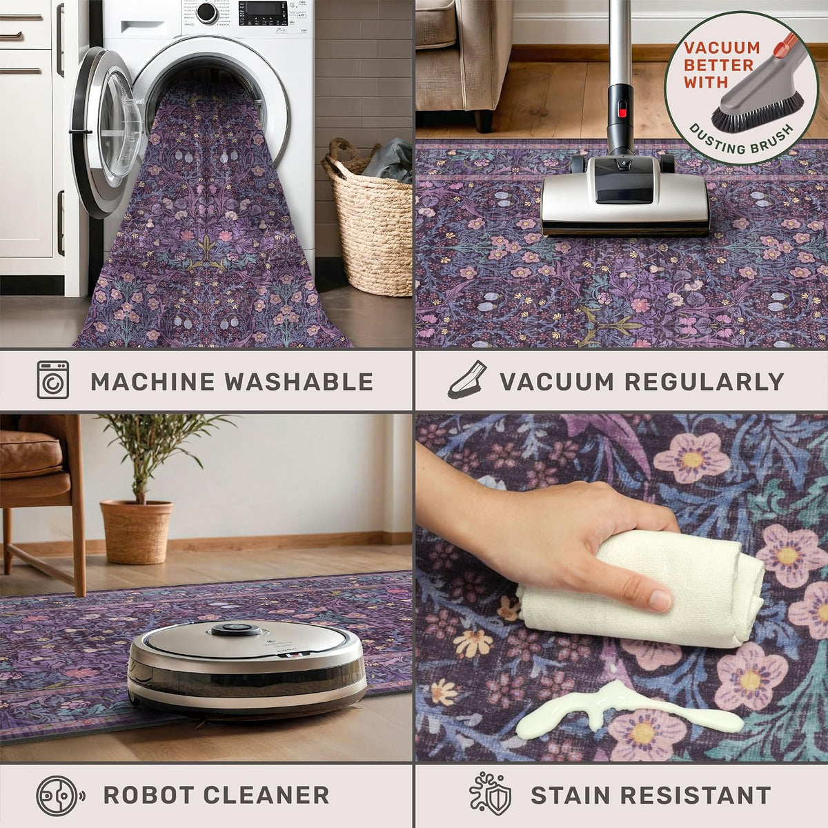 Washable Plum Purple Runner Rug 2x6 - Boho Rug Runner for Bathroom, Kitchen, Indoor Entryway, Low Pile Violet Carpet for Bedroom Bedside, Laundry Room, Hallway Mats for Floor, Stain Resistant