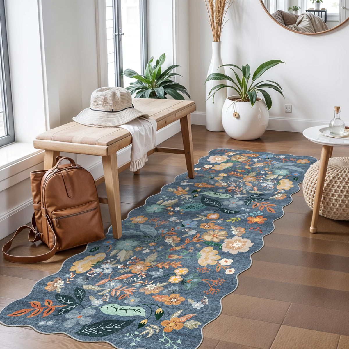 2x4 Rug Washable for Entryway - Non-Slip Scalloped Floral Throw Rug Black