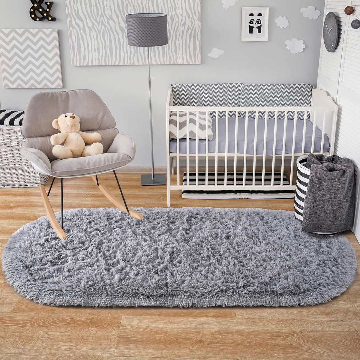 Noahas 2.6x5.3 Grey Fluffy Soft Oval Rug Non-Slip for Bedroom Dorm Hallway
