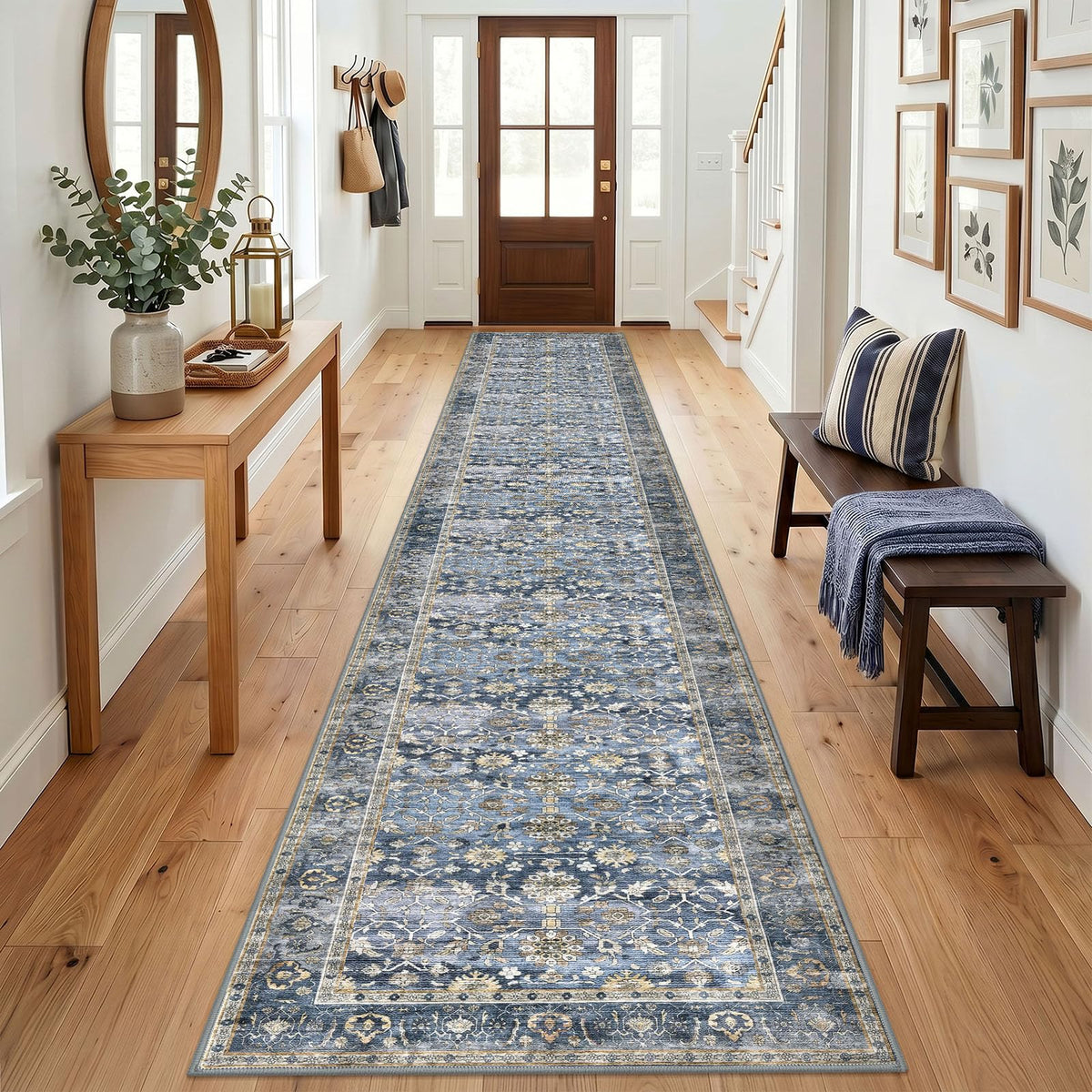 KUTA Vintage Floral Washable 2x3 Rugs for Entryway Blue Grey Beige