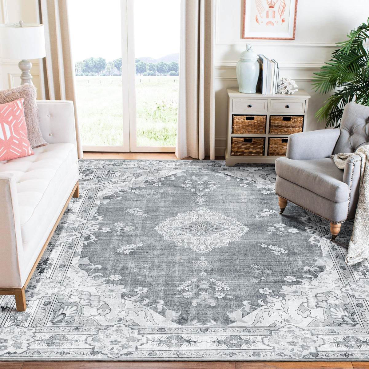 MUJOO Pink Rug 3x5 Washable,Boho Area Rugs Small Non Slip Low-Pile Floral
