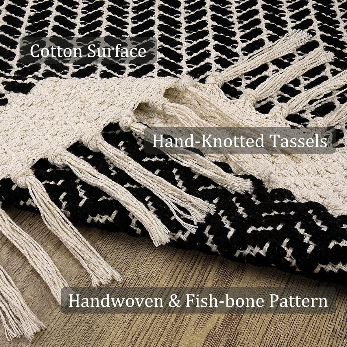 Lahome Belle Boho Bathroom Rugs, Small 2x3 Front Door Mat Lightweight Kitchen Rug Woven Cotton Area Rug with Tassels, Farmhouse Washable Black and White Throw Rug Low Pile Carpet for Entry Laundry