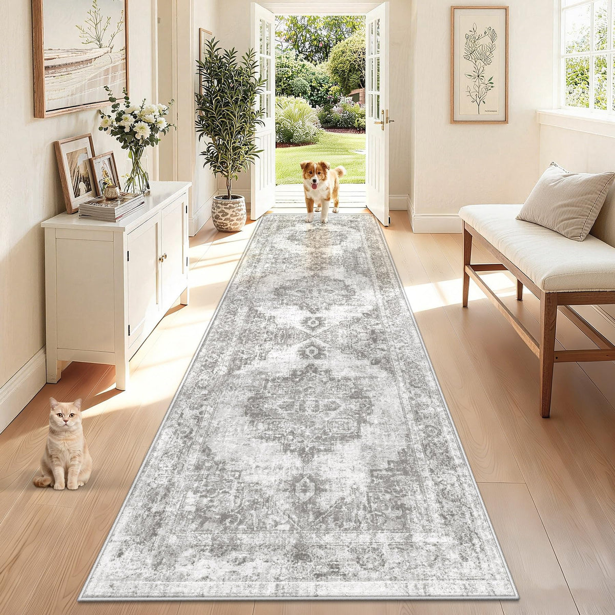 Runner Rug 2x6 Washable Rugs: Vintage Hallway Kitchen Runner Non Slip Low Pile Rug Runner Soft Stain Resistant Indoor Carpet Runners for Entryway Hall Bedroom Bedside (Beige, 2'x6')