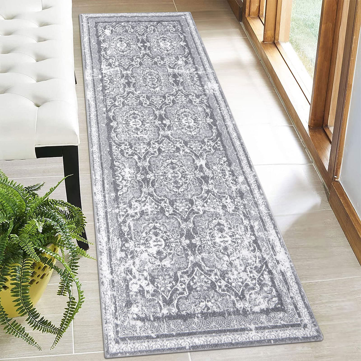 Vaukki Hallway Runner 2x6 ft, Grey Vintage Shaggy Soft Kitchen Rug