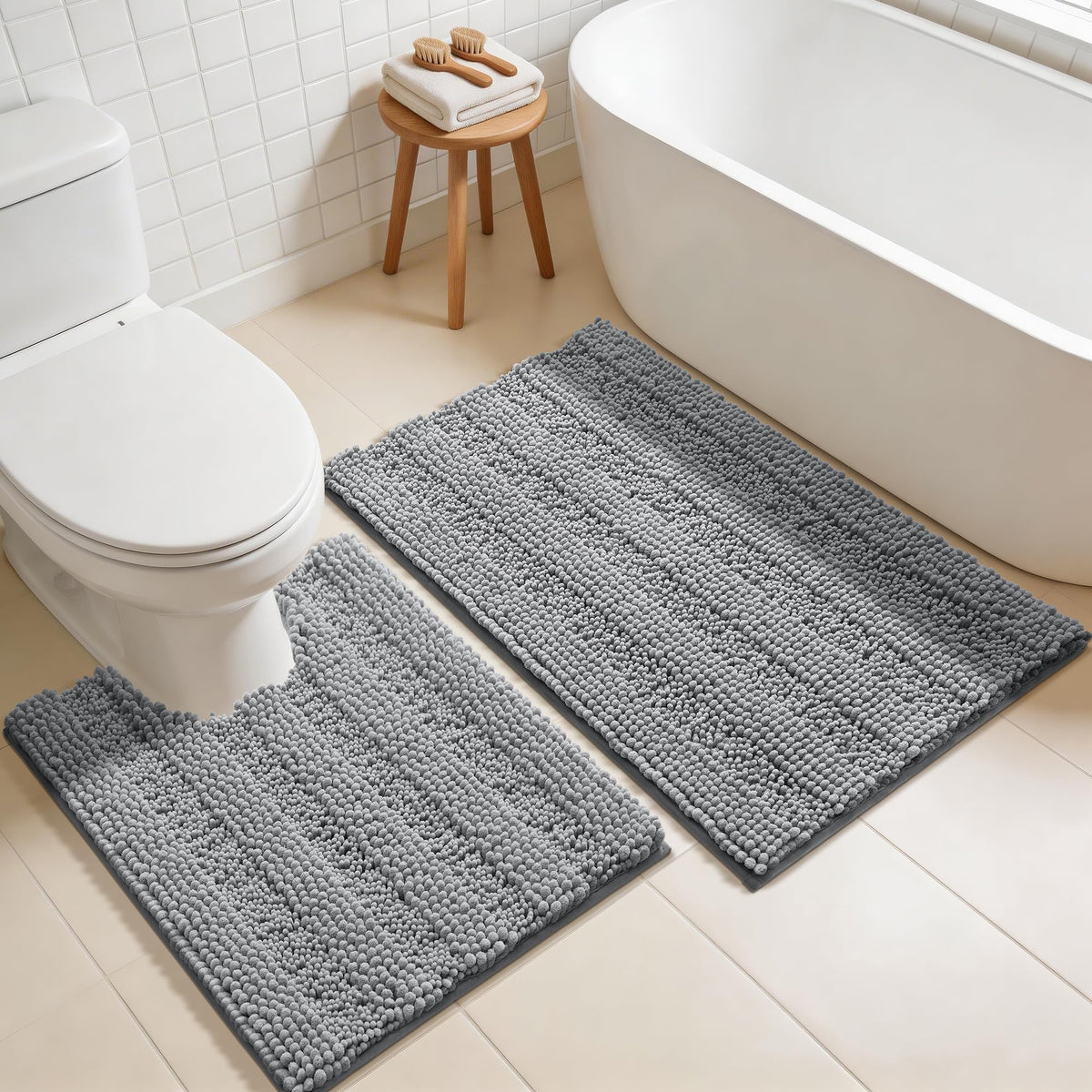Yimobra Bathroom Rug Set 2 Piece, Absorbent Bath Mat Set, 32x20+24x17, Gray