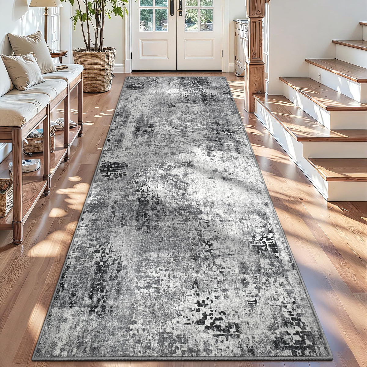 Ompaa 2x6 Rug Runners for Hallways Kitchen Runner Rug Non Slip Washable Grey Long Runner Rugs with Rubber Backing Soft Abstract Carpet Runner for Hallways, Kitchen, Bedroom, Bathroom, Entryway